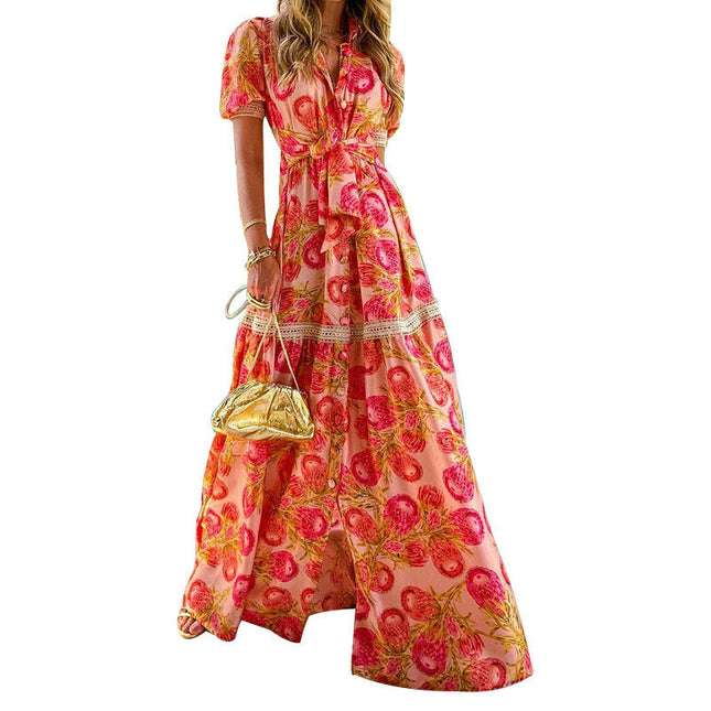 Women Boho Floral Maxi Dress Flowy V Neck Short Sleeve Beach Long Dress