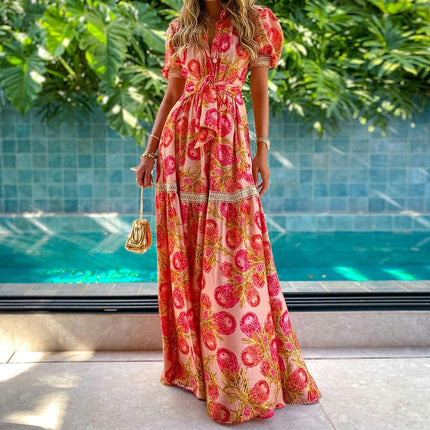 Women Boho Floral Maxi Dress Flowy V Neck Short Sleeve Beach Long Dress