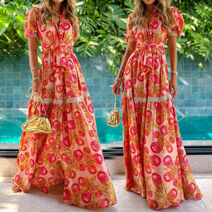 Women Boho Floral Maxi Dress Flowy V Neck Short Sleeve Beach Long Dress