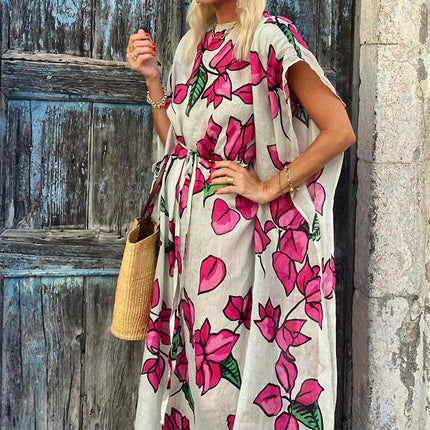 Women's Summer Boho Floral Print Dress Round Neck Short Sleeve Long Maxi Beach Dresses