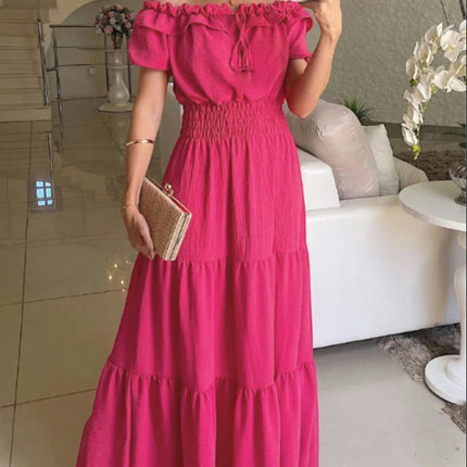 Women's Summer Off Shoulder Maxi Dress Short Sleeve Ruffle Tiered Flowy Long Dresses