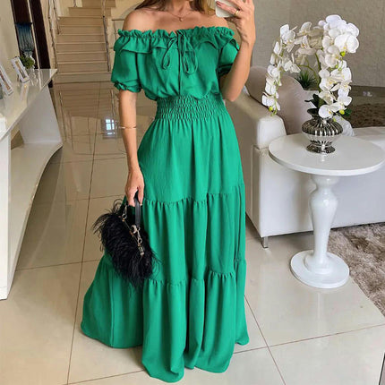 Women's Summer Off Shoulder Maxi Dress Short Sleeve Ruffle Tiered Flowy Long Dresses