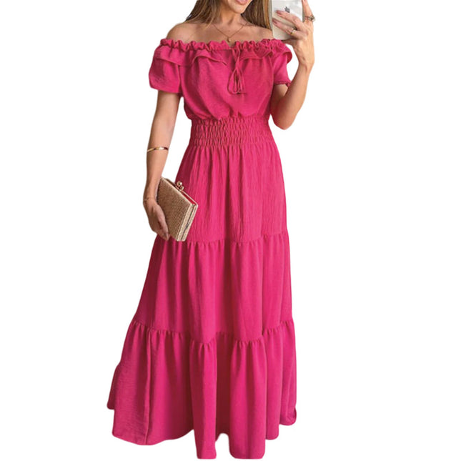 Women's Summer Off Shoulder Maxi Dress Short Sleeve Ruffle Tiered Flowy Long Dresses