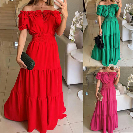 Women's Summer Off Shoulder Maxi Dress Short Sleeve Ruffle Tiered Flowy Long Dresses