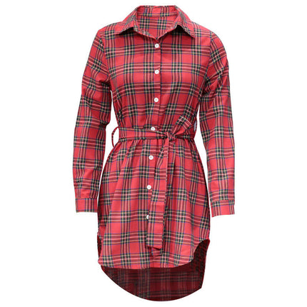 Women Long Sleeve Plaid Pattern Tunic Tops Shirt Casual Dress