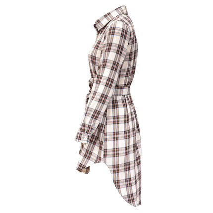 Women Long Sleeve Plaid Pattern Tunic Tops Shirt Casual Dress