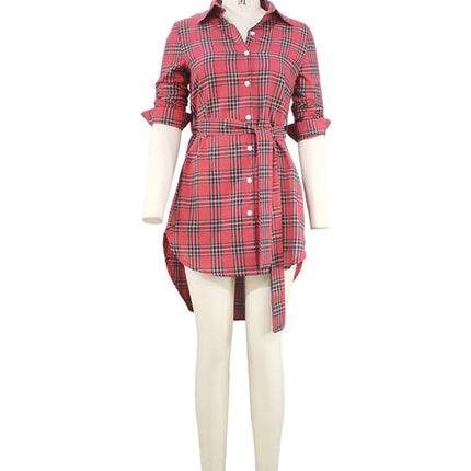 Women Long Sleeve Plaid Pattern Tunic Tops Shirt Casual Dress