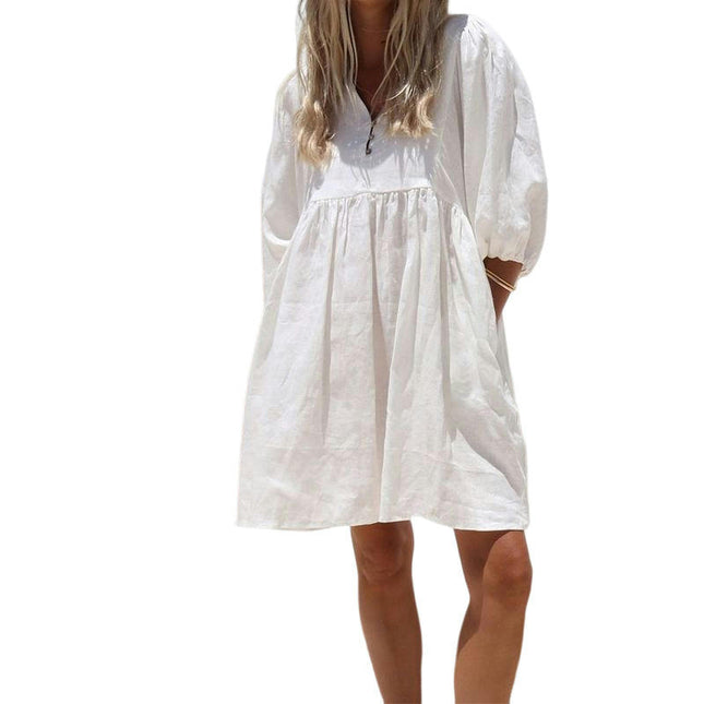 Women's Short Sleeve Dress Babydoll Linen Casual Mini Dress