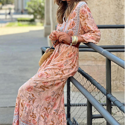 Women's Bohemian Floral Printed V Neck Short Sleeve Beach Maxi Dress