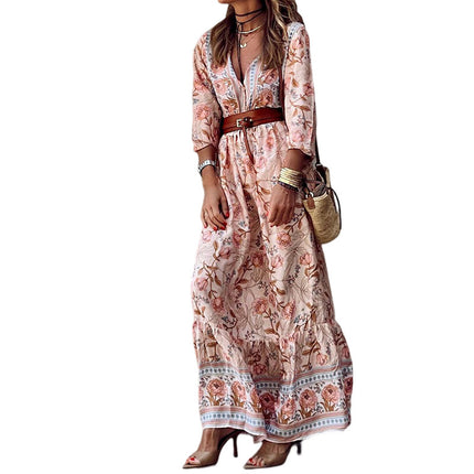 Women's Bohemian Floral Printed V Neck Short Sleeve Beach Maxi Dress