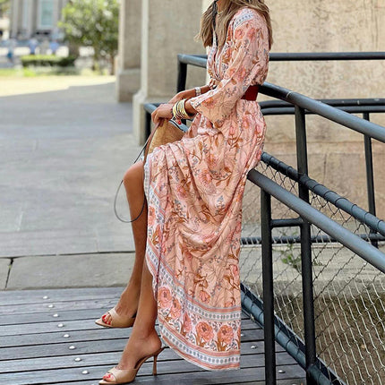 Women's Bohemian Floral Printed V Neck Short Sleeve Beach Maxi Dress