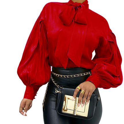 Satin Shirt Top for Women Bow Tie Long Sleeve Casual Shirt