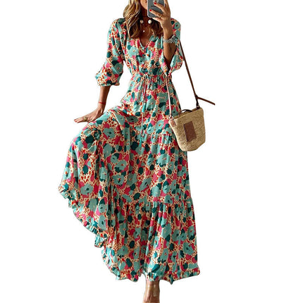 Women Long Sleeve V Neck Print Casual Bohemian Maxi Dresses