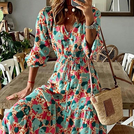 Women Long Sleeve V Neck Print Casual Bohemian Maxi Dresses