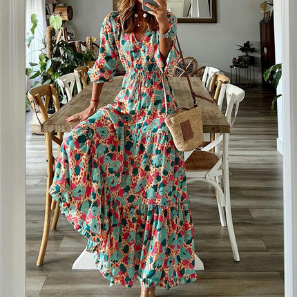 Women Long Sleeve V Neck Print Casual Bohemian Maxi Dresses