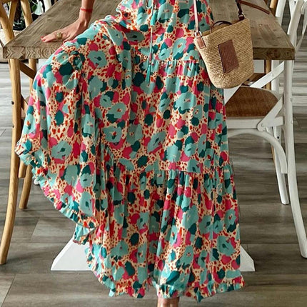 Women Long Sleeve V Neck Print Casual Bohemian Maxi Dresses