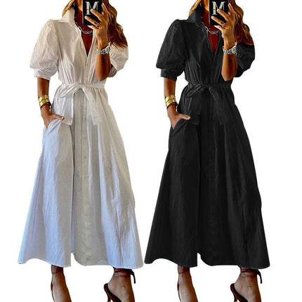 Women's Casual Tie Waist Button Down Short Sleeve Flowy Midi Shirt Dress