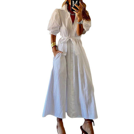 Women's Casual Tie Waist Button Down Short Sleeve Flowy Midi Shirt Dress