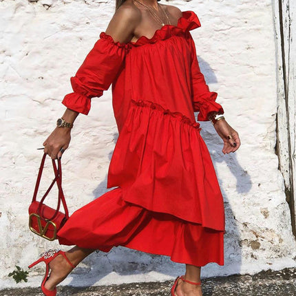 Women's Off Shoulder Dress Short Sleeve Summer Ruffle Midi Dress