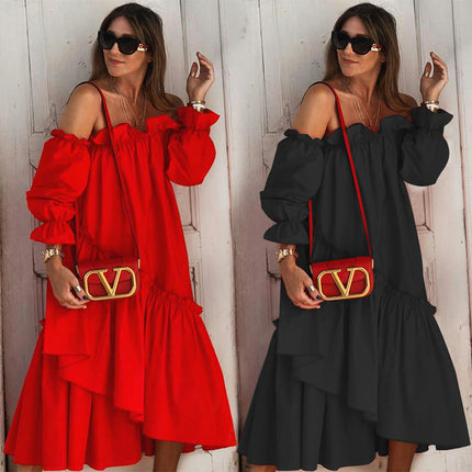 Women's Off Shoulder Dress Short Sleeve Summer Ruffle Midi Dress