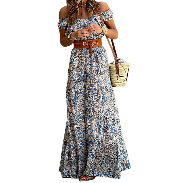 Women Summer Print Off Shoulder Ruffle Casual A Line Beach Dress