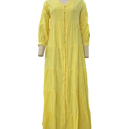 Women's V Neck Solid Color Long Sleeve Cotton Linen Maxi Dress