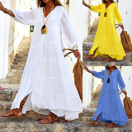 Women's V Neck Solid Color Long Sleeve Cotton Linen Maxi Dress