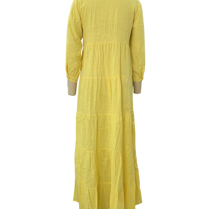 Women's V Neck Solid Color Long Sleeve Cotton Linen Maxi Dress