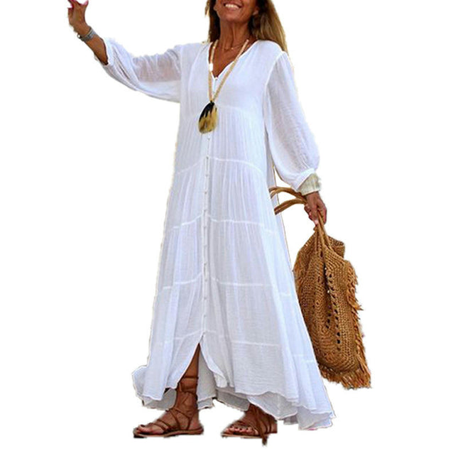 Women's V Neck Solid Color Long Sleeve Cotton Linen Maxi Dress