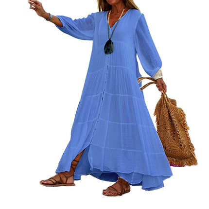 Women's V Neck Solid Color Long Sleeve Cotton Linen Maxi Dress