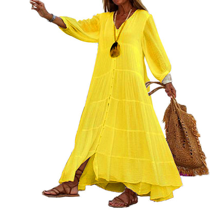 Women's V Neck Solid Color Long Sleeve Cotton Linen Maxi Dress