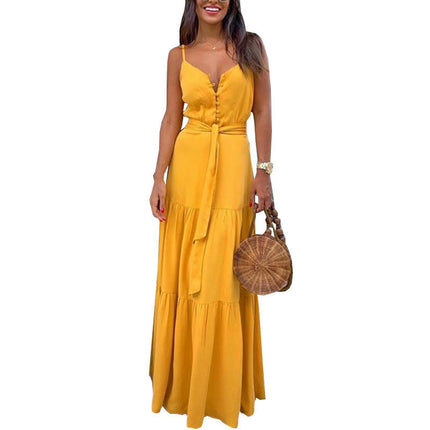 Women Sleeveless Maxi Dress Summer Spaghetti Ruffle Flowy Beach Long Dress