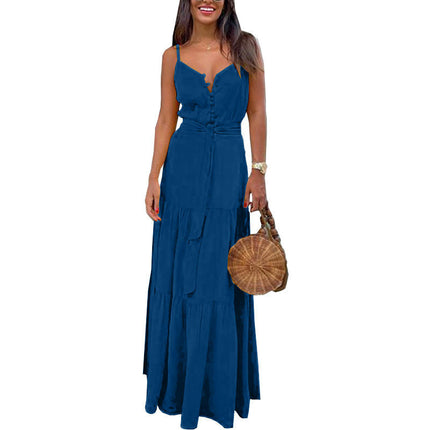 Women Sleeveless Maxi Dress Summer Spaghetti Ruffle Flowy Beach Long Dress