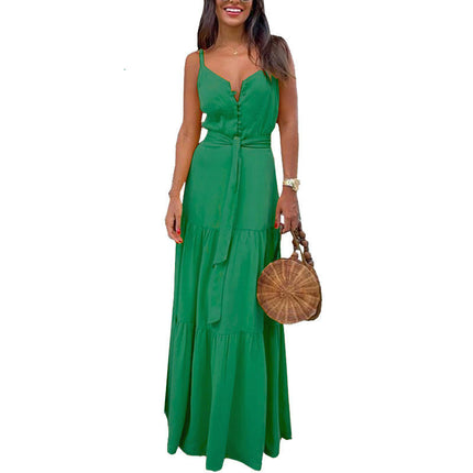 Women Sleeveless Maxi Dress Summer Spaghetti Ruffle Flowy Beach Long Dress