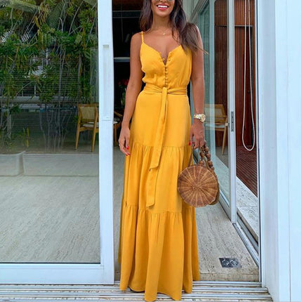 Women Sleeveless Maxi Dress Summer Spaghetti Ruffle Flowy Beach Long Dress