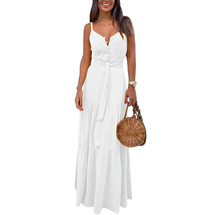 Women Sleeveless Maxi Dress Summer Spaghetti Ruffle Flowy Beach Long Dress