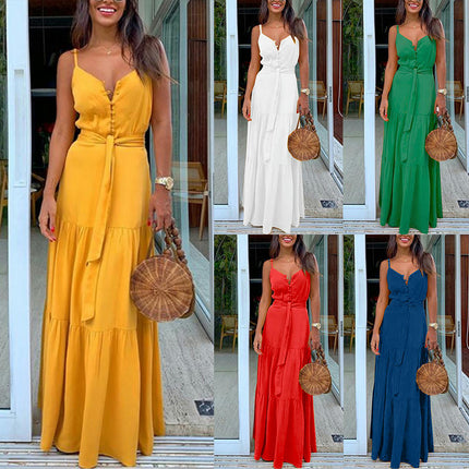 Women Sleeveless Maxi Dress Summer Spaghetti Ruffle Flowy Beach Long Dress