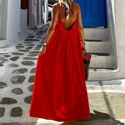 Women Sleeveless Maxi Dress Backless Spaghetti Ruffle Flowy Beach Long Dress