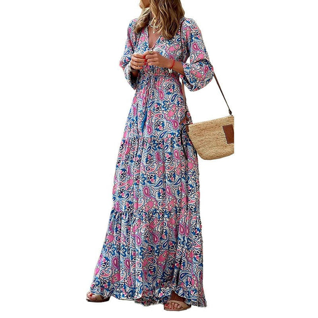 Women Long Sleeve Maxi Dress V-Neck Ruffle Flowy Beach Long Dress