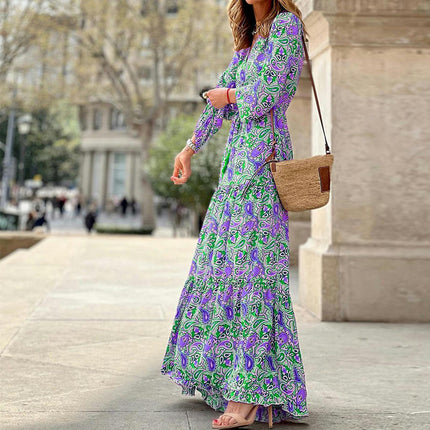 Women Long Sleeve Maxi Dress V-Neck Ruffle Flowy Beach Long Dress