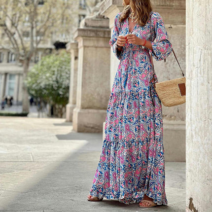 Women Long Sleeve Maxi Dress V-Neck Ruffle Flowy Beach Long Dress