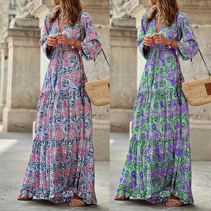 Women Long Sleeve Maxi Dress V-Neck Ruffle Flowy Beach Long Dress