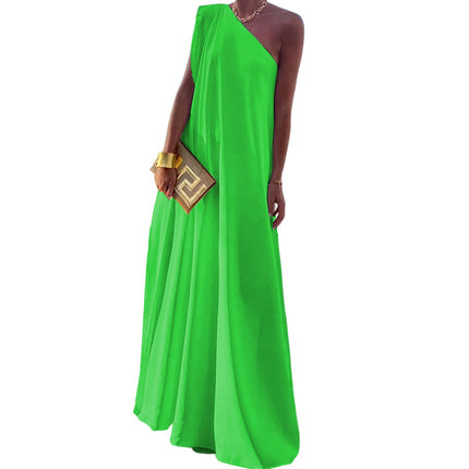 Women's Summer One Shoulder Sleeveless Solid Color Beach Party Midi Dress