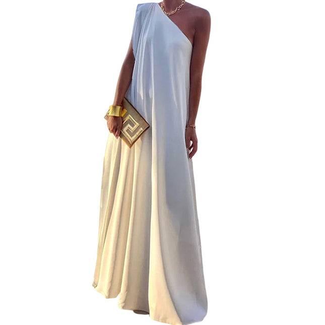 Women's Summer One Shoulder Sleeveless Solid Color Beach Party Midi Dress