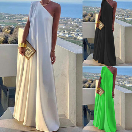 Women's Summer One Shoulder Sleeveless Solid Color Beach Party Midi Dress