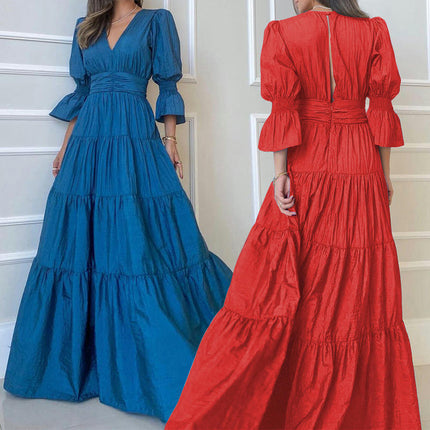 Women Short Sleeve V Neck Dress Ruffle Tiered Flowy Maxi Dresses