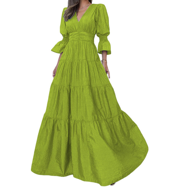 Women Short Sleeve V Neck Dress Ruffle Tiered Flowy Maxi Dresses