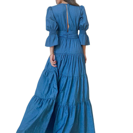 Women Short Sleeve V Neck Dress Ruffle Tiered Flowy Maxi Dresses