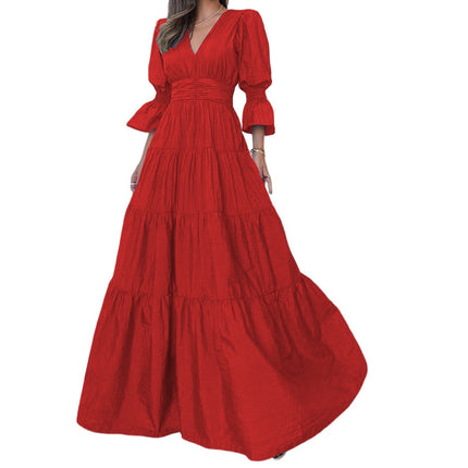 Women Short Sleeve V Neck Dress Ruffle Tiered Flowy Maxi Dresses