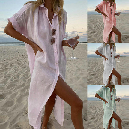 Linen Dress for Women Long Sleeve Casual Button Down Loose Maxi Dress